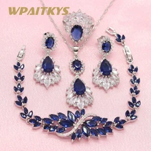 925 серебряные ювелирные наборы синий кристалл белый цирконий для женщин длинные серьги кулон ожерелье кольцо браслет подарочная коробка