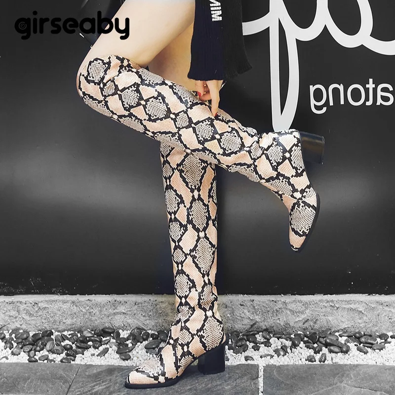 

Girseaby size 48 Patent Leather Over-The-knee boots Shoes Women Square High Heels Pointed Toe Slip-On Botas Female snake print