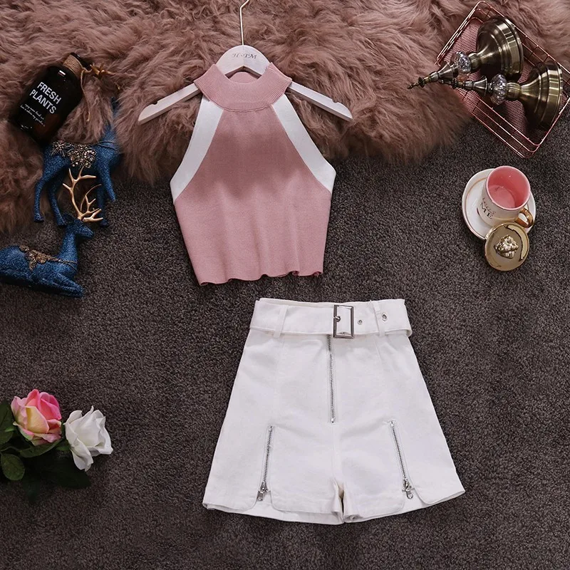 

2019 hang short sleeveless top of neck type knitting coat high waist jeans straight pants suit