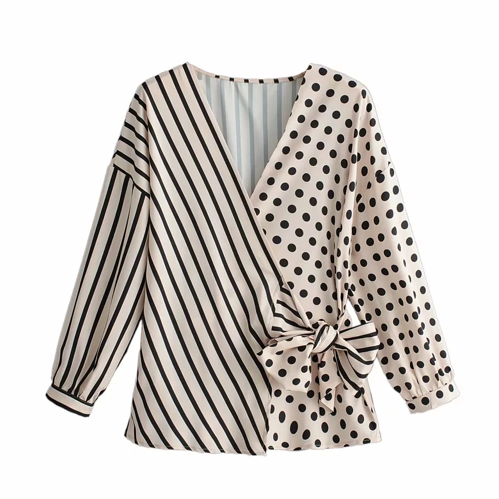 

Klacwaya women khaki polka dots shirts 2019 spring-autumn ladies fashion striped blouses street-wear girls loose shirt with bow