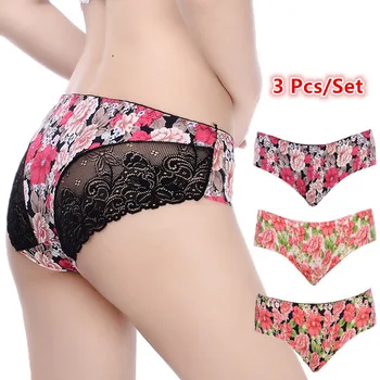 

2019 New 3 Pieces/Pack Women Sexy Lace Panties Ice silk Briefs Female Underwear Lady Lingerie Briefs Affordable Multiple Pieces