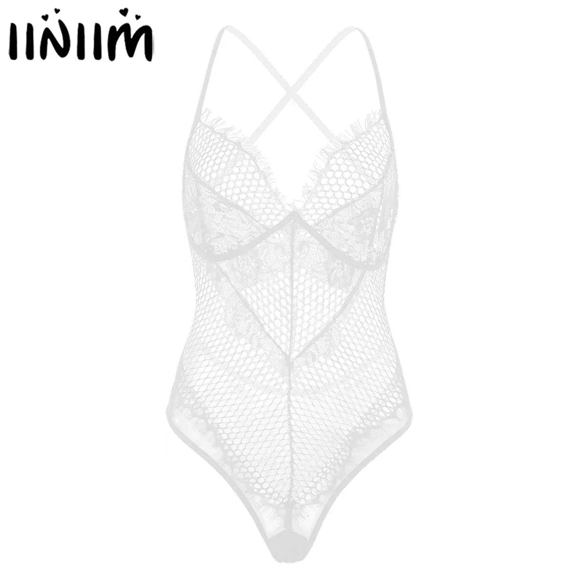 

Womens Lingerie Teddy Mesh See Through Sheer Spaghetti Straps Cross Back Hollow Out Floral Lace Transparent Bodysuit Clubwear