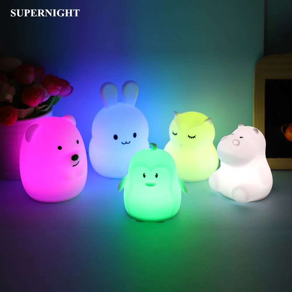  Cartoon Mini Bear Rabbit Hippo LED Night Light 9 Colors Silicone Bunny Animal Lamp Bedroom Bedside  - 32978971483