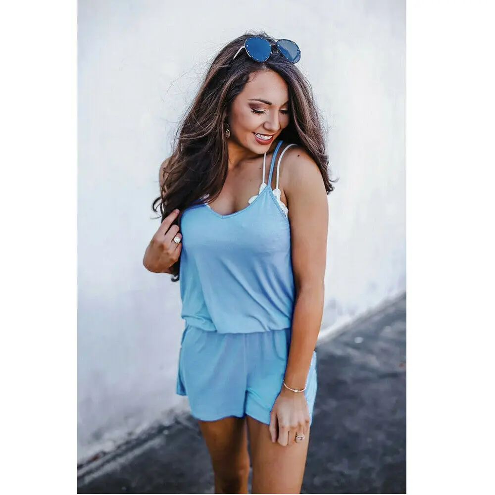 

Women Summer Casual Blue Loose Jumpsuits 2019 New Women Casual Blue Sleeveless V-Neck Loose Strap Jumpsuits
