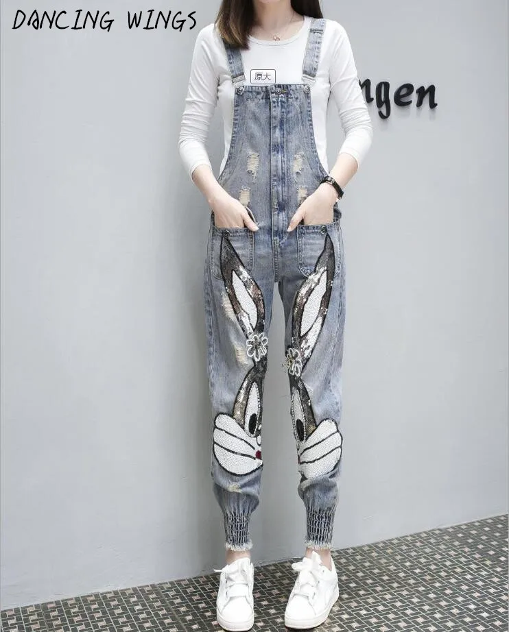 

2019 New Women High Waist Long Denim Overalls Ripped Stretch Dungarees Rabbit Sequin Beading Jumpsuits