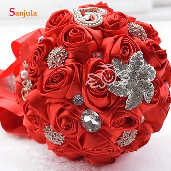 

Red Rose Bridal Bouquets With Pearls Crystals Hand-made Wedding Accessory Ramos De Flores H004