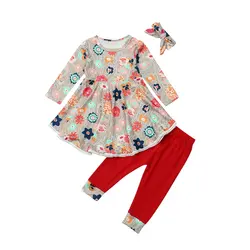 Осень малыш для маленьких девочек одежда 3 шт. цветочный платье-топ с длинными рукавами длинные штаны повязка на голову От 1 до 6 лет комплект