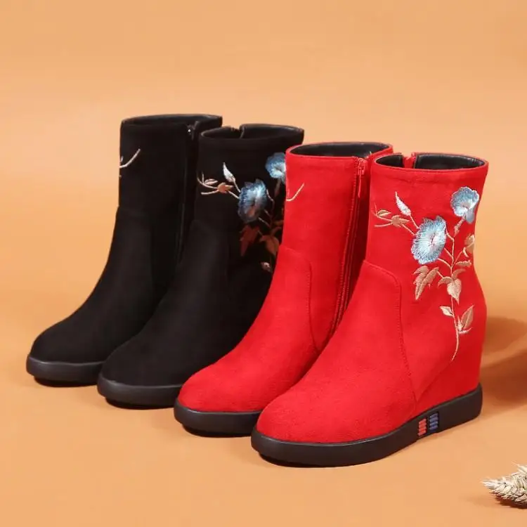 

New Designers Red Black Suede Ankle Boots For Women Round Toe High Wedges Heel Ladies Booties Embroidery Flowers Shoes Woman