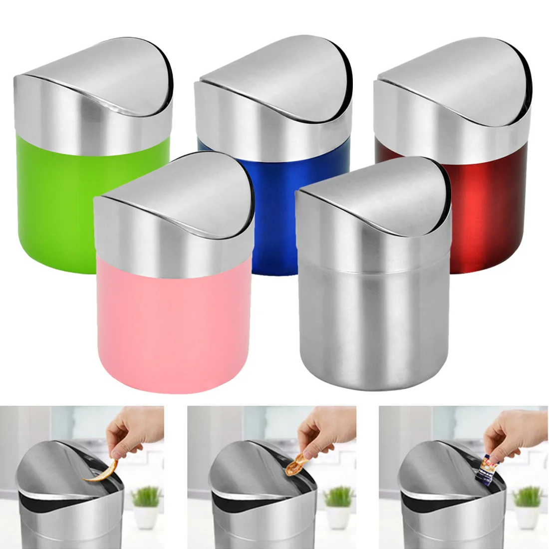 

Stainless Steel Desk Car Dust Trash Bin Countertop Waste Can With Swing Lid Kitchen Worktop Waste Rubbish Trash Can 1.5L