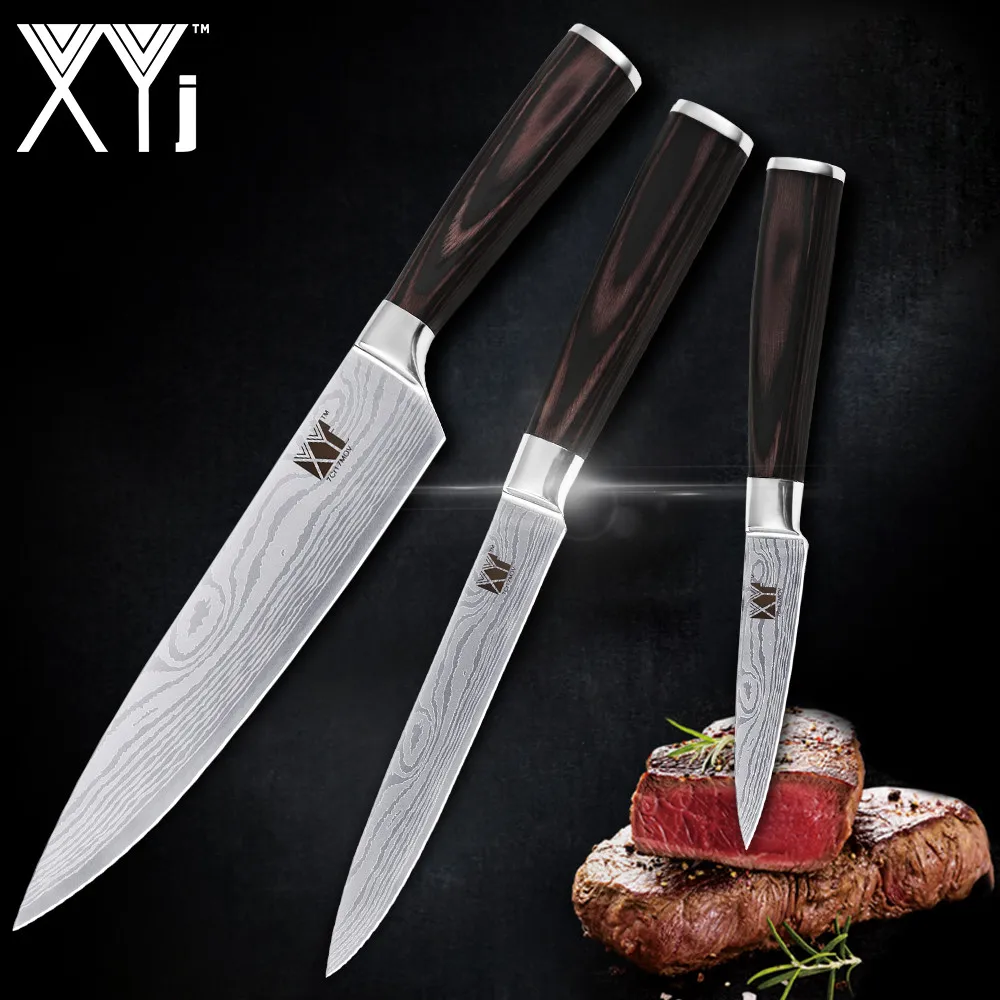 

Best XYj Brand 8 Inch 5 Inch 3.5 Inch Kitchen Knife Beauty Pattern Blade Top Sale 7Cr17 Stainless Steel Cooking Tools 3 Pcs Set