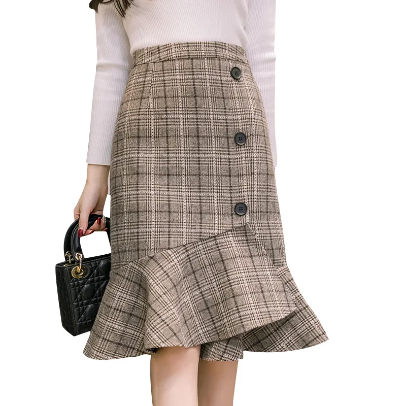 Plaid Skirt Women Knee Length Trumpet Skirt Office Ladies Woolen Skirts 2017 Autumn Winter