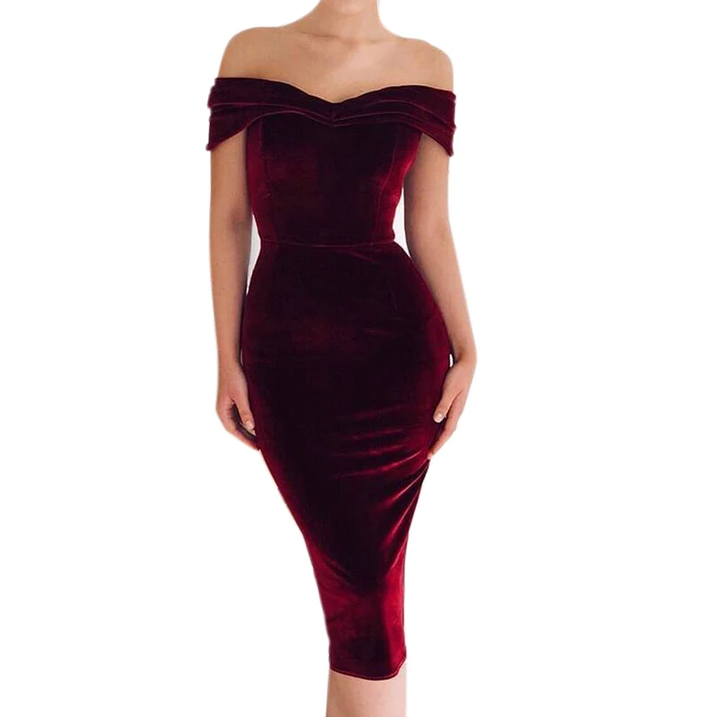 Women's Dress Woman Off Shoulder Velvet Party Cocktail Dresses Female Casual Sexy Elegant Dress Slim Bodycon Fashion Vestidos