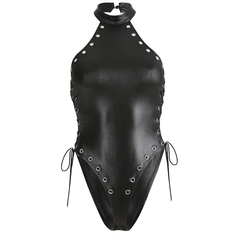 JIEZuoFang Solid Black Aesthetic Bodysuit Gothic Summer 2019 Punk Hollow Out Sexy Halter Bodysuits Female Fashion Skinny Rompers