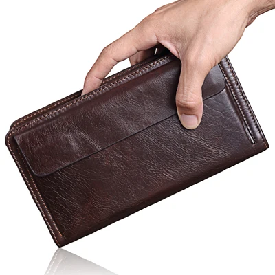 

Cowhide Men Clutch Wallets Genuine Leather Long Purses Business Large Capacity Wallet Double Zipper Phone Bag For Male