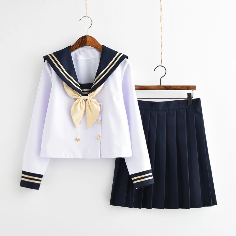 

UPHYD Japanese Sailor Suit Navy Preppy Style School Girls Uniforms Top and Skirt with Bowknot S-2XL
