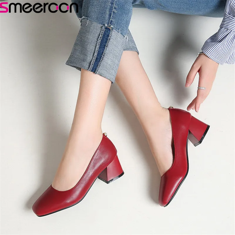 

smeeroon 2019 hot sale big size 44 women pumps pu slip on single shoes spring summer square high heels office shoes ladies