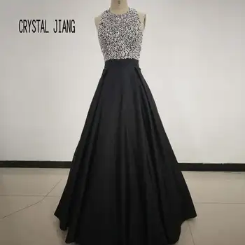 

CRYSTAL JIANG 2018 Cheap Sexy Halter Delicate Crystal Beaded Black Satin Sweep Train Long Evening Dresses E0221