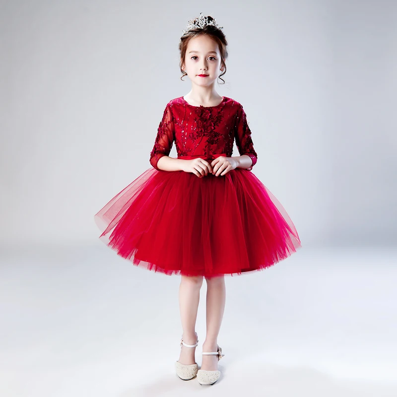 

High Quality Flower Girl Dresses For Weddings Red Tulle Ball Gown 3D Flowers Pageant Gowns For Girls First Communion Dresses