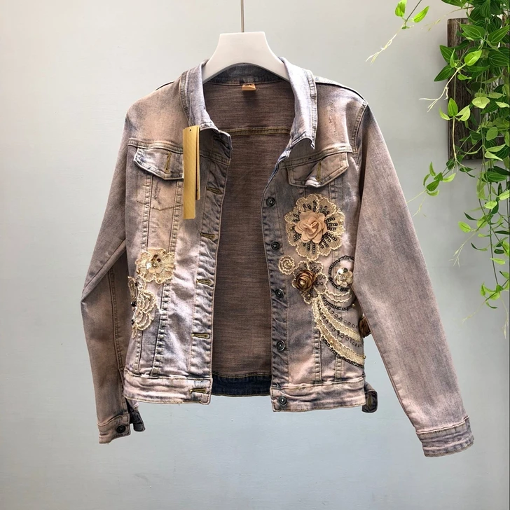 

2019 Autumn Jeans Jacket Coat Woman New Heavy Stereo Pink Flower Embroidered Hole Denim Jackets Student Basic Coats