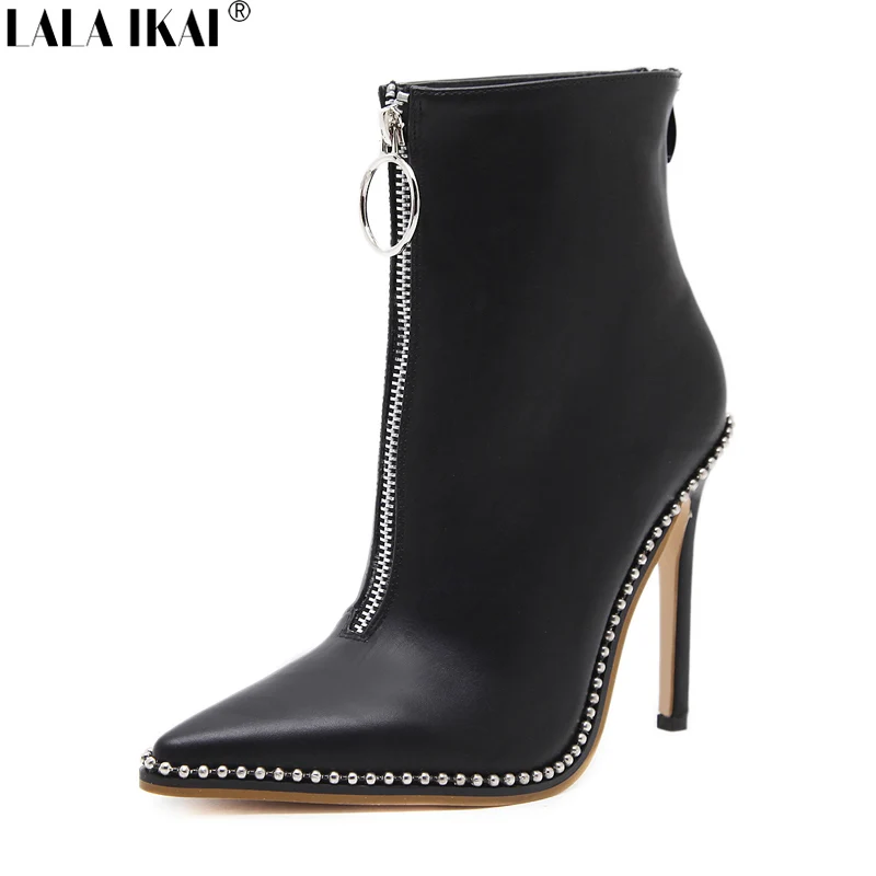

LALA IKAI Women Boots Spring Autumn Pointed Toe Zipper Rivet High Heels Black PU Ankle Boots Ladies Boots XWC2144-45