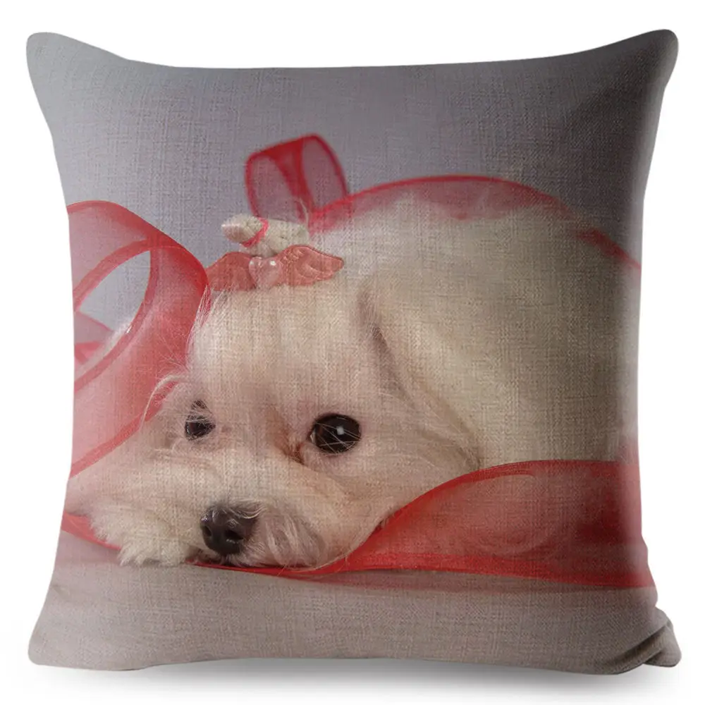 Cute Animal Pet Maltese Dog Pillow Cover Linen Cushion Covers 45*45cm Square Pillow Case Sofa Car Home Decoration Pillowcase