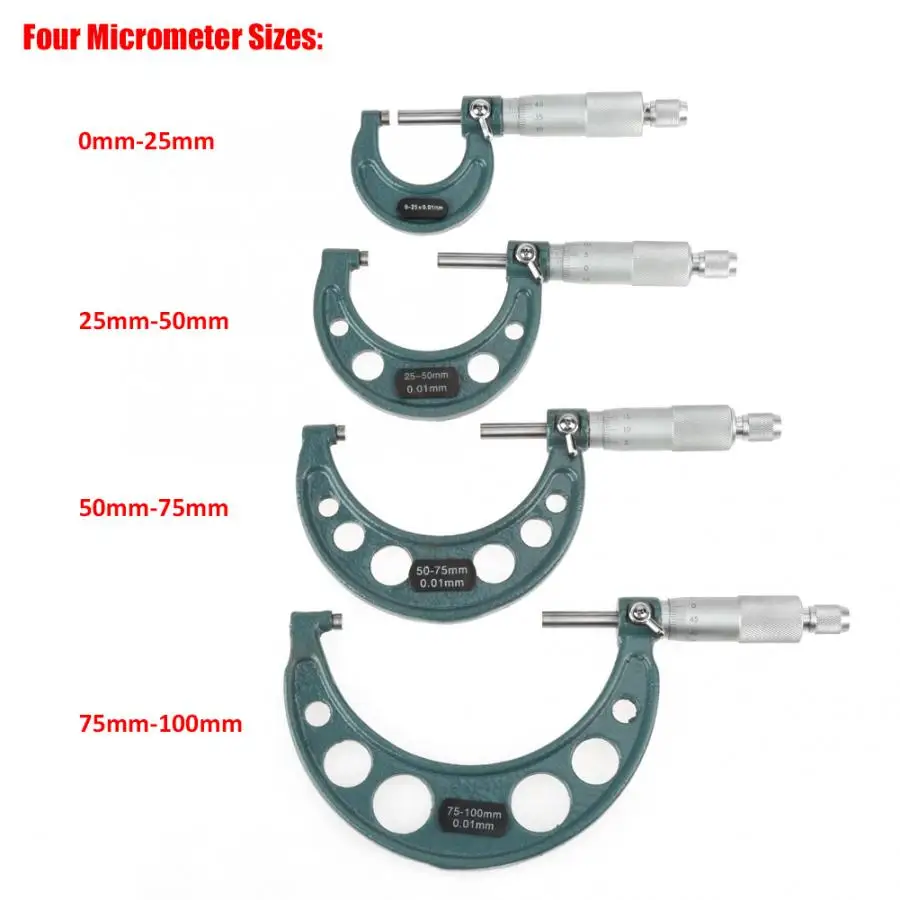 4 шт. 0-100 мм метрические наружные Микрометры толщиномер измерительные суппорты с Чехол внешний микрометр