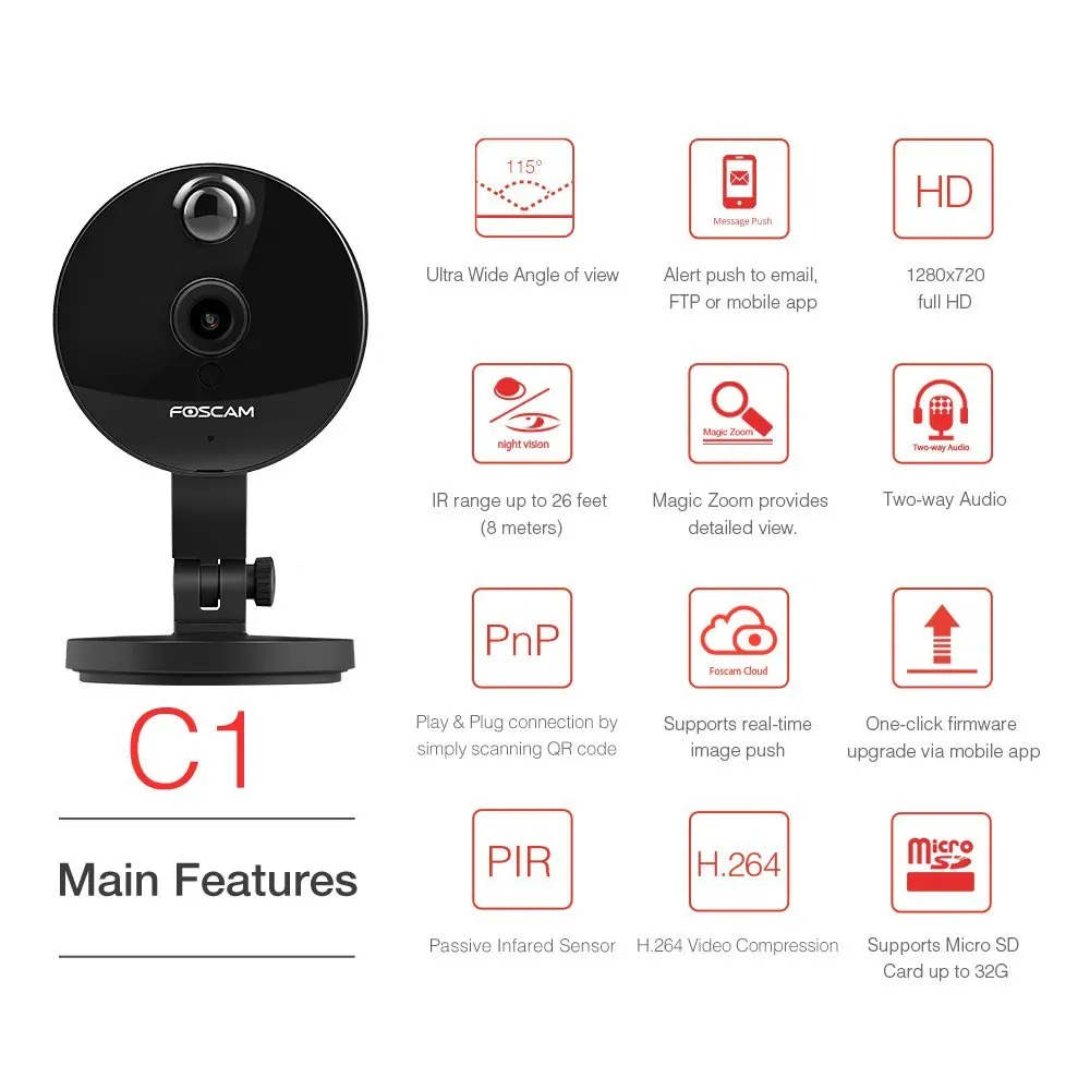  Foscam C1 IP Camera Wireless 720P HD CCTV Indoor Security Camera with Night Vision Motion Detection - 32371722057