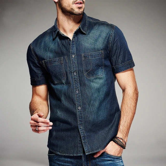 Jeans para hombre Camisa de Manga Corta Delgado Botón Da Vuelta-abajo camisas casuales delante de un solo azul ml xl xxl FC-15501 - AliExpress