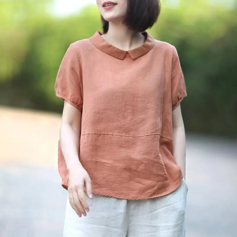Pink F&je Summer Women Shirt Plus Size Loose Casual Short Sleeve Peter Pan Collar Patchwork linen Tops Vintage Female Blouse Big D6 - Цвет: Pink