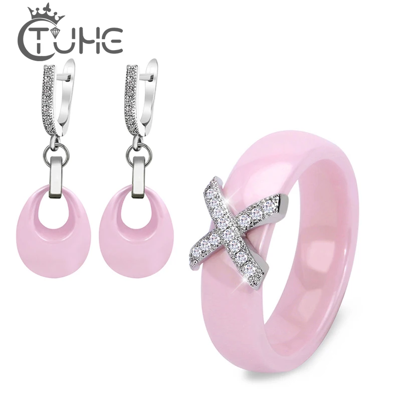 Розовый набор кольцо и серьги ювелирные изделия из керамики s X Крест керамическое кольцо с кристаллом капли воды серьги Ювелирные наборы для женщин