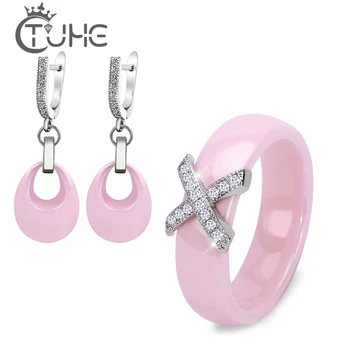 

Pink Set Ring and Earrings Jewelry From Ceramics X Cross Ceramic Ring With Crystal Water Drop Earrings Jewelry Sets for Women