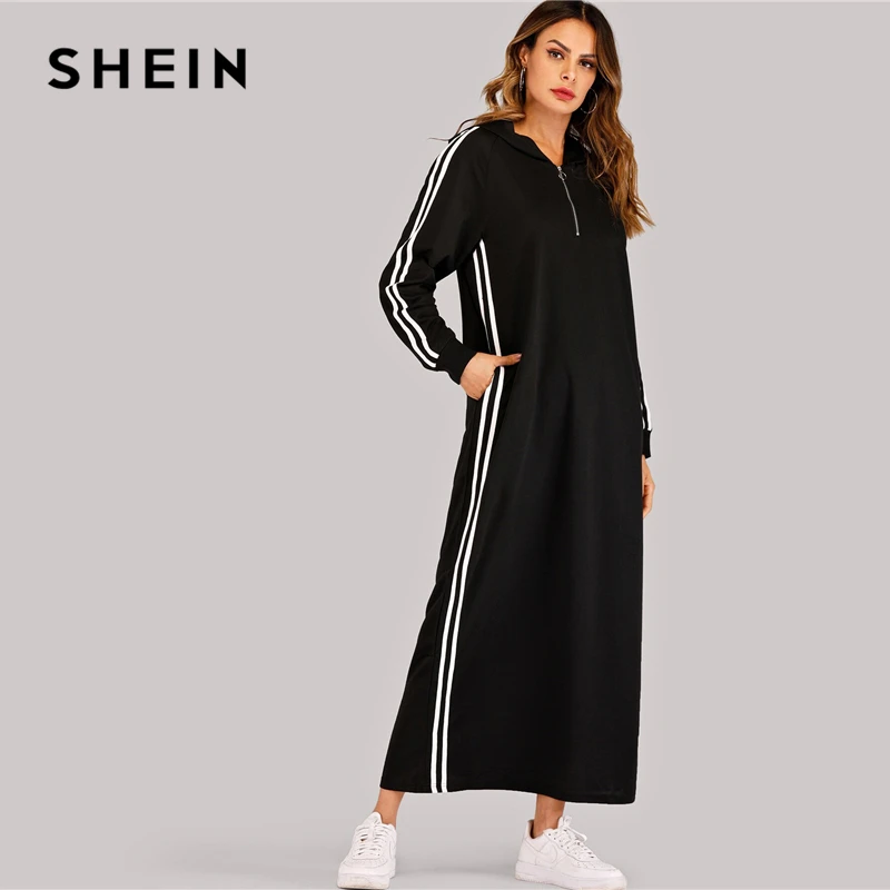 SHEIN черная полосатая лента на молнии Толстовка платье для женщин осень длинный рукав досуг повседневные Прямые длинные платья