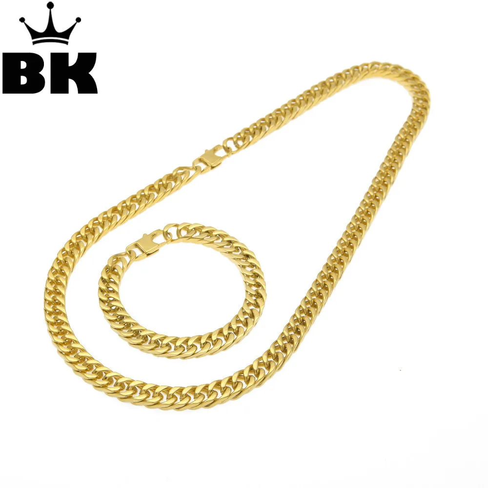 

Miami Cuban Link Chain 24inch 8.5inch Bracelet Hip Hop Mens Gold Color Jewelry sets