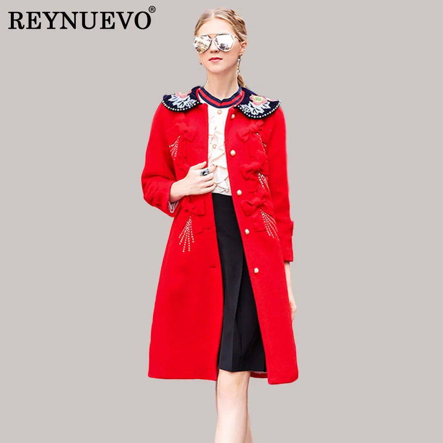 Women Red Coats Fashion 2017 Autumn Winter Full Sleeve Turn down Collar Elegant Emboridery