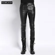 Брендовые Роскошные брюки из натуральной кожи, мужская одежда, уличная одежда из натуральной овчины, узкие брюки-карандаш, черные брюки из натуральной кожи