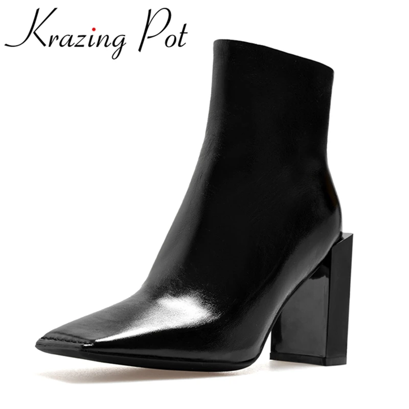 

Krazing Pot 2018 new arrival genuine leather square toe high heels fashion winter shoes handmade zipper women Mid-Calf boots L30