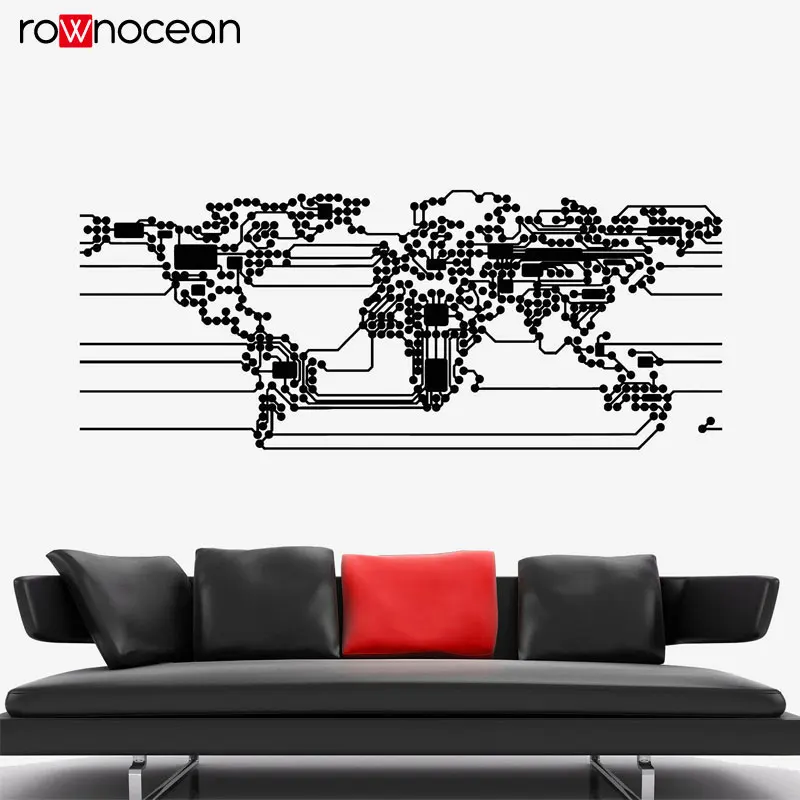 Creative Design Computer Microchip Abstract World Map Earth Wall Sticker Vinyl Home Decor Living Room Decal Interior Mural 3144