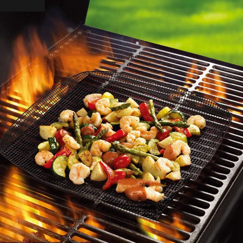 

Square Teflon Non-Slip Nonstick BBQ Net Mat Food Basket Roaster Rack Oven Baking Mesh Tray Outdoor Barbecue Grilling Pad Tools