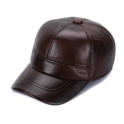 100% натуральная кожа Бейсбол Кепки старший Для мужчин и Для женщин Регулируемая защита ушей шапка мужская зимняя остроконечные Кепки
