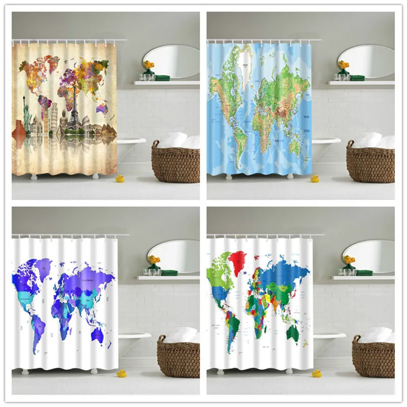 

Modern bathroom supply shower curtains set world map printed waterproof fabric cloth bath curtain screen with hooks