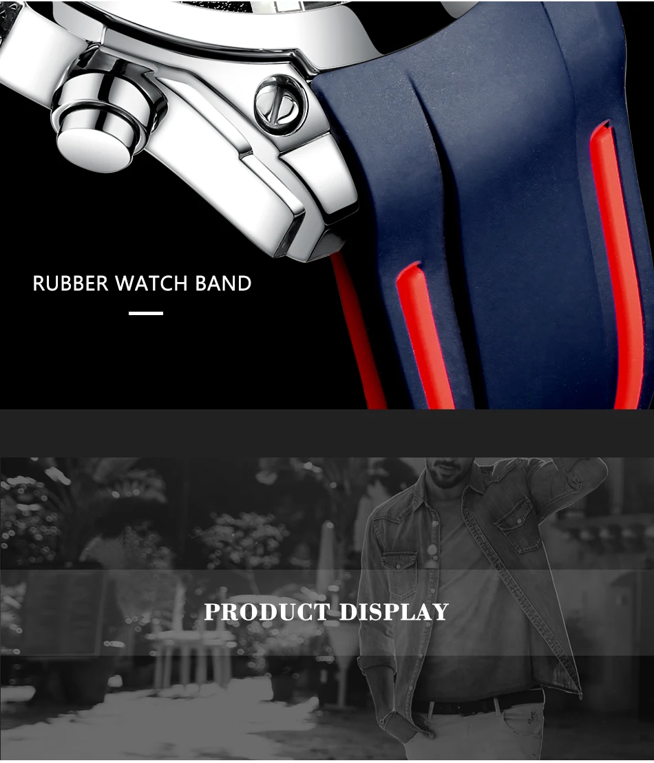 MEGALITH спортивные часы Мужские Аналоговые кварцевые часы с хронографом и водонепроницаемым силиконовым резиновым ремешком для мужчин