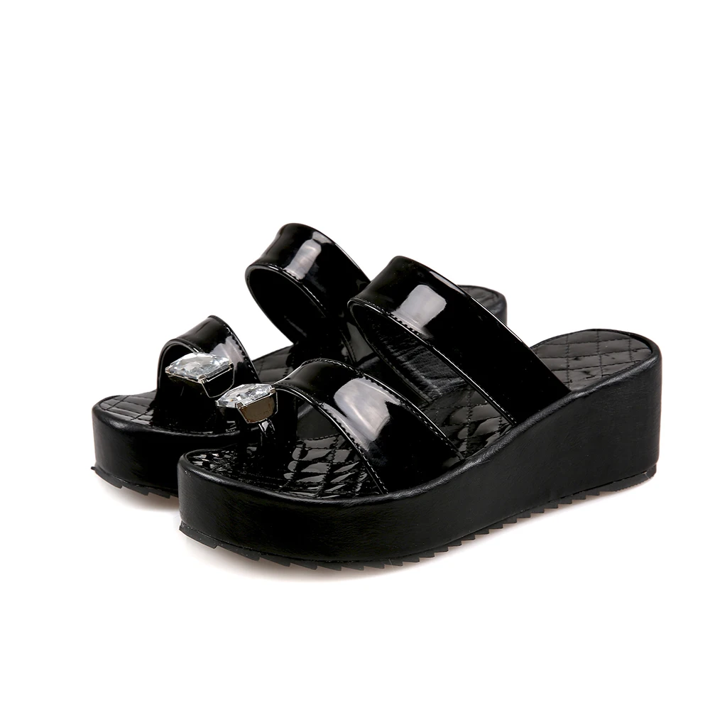 

PQECFS Big size 32-43 high quality summer new fashion women solid crystal platform wedge sandals 2 colors