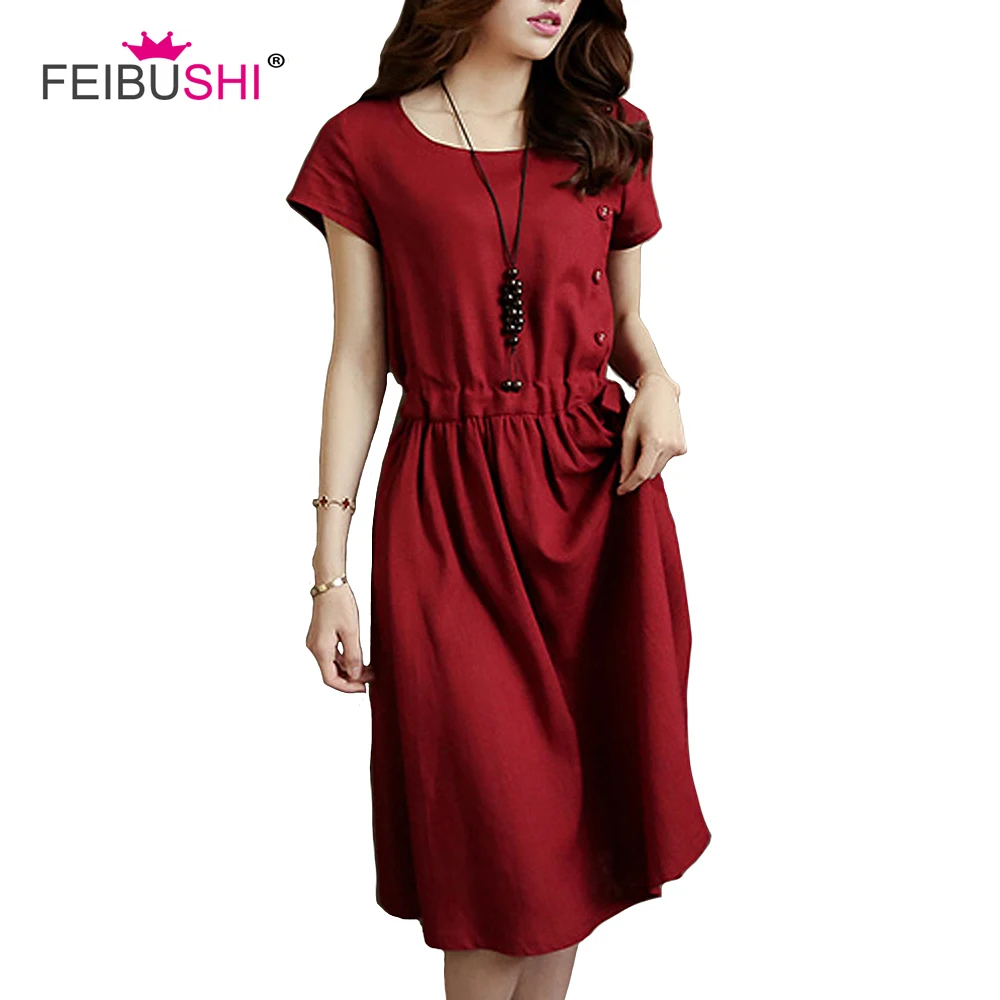 

FEIBUSHI 2018 New Fashion High Quality Plus Size Cotton Dress Solid Color Loose Women Spring Summer Casual Part Dress