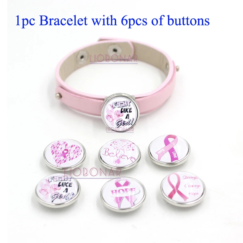 

Breast Cancer Awareness Jewelry Pink Leather Snap Bracelet with Interchangeable Pink Ribbon Breast Cancer Buttons Cancer Gift