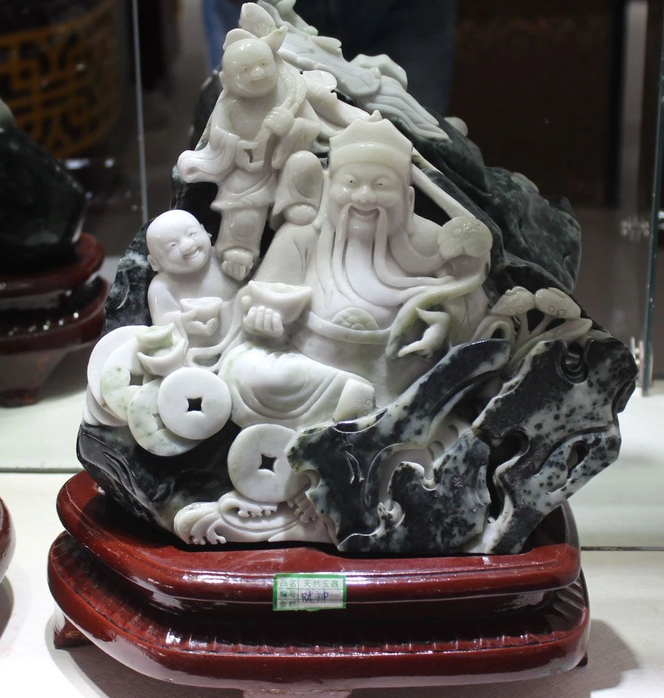 

12" China Natural Dushan Jade Mammon Money Wealth God Tong Zi Money Lotus Statue