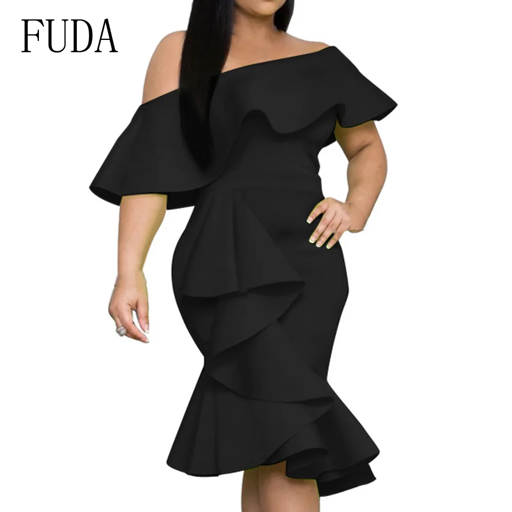 FUDA Irregular Ruffles Sexy Off Shoulder Summer Dress Women Red Backless Bodycon Pencil Dress Elegant Strapless Party Dresses