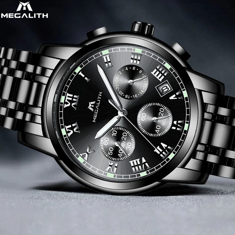 

MEGALITH Hot Sale Relojes Para Hombre Wacth Men Stainless Steel Strap Wristwatch Led Light Fashion Business Quartz Watch Luxury