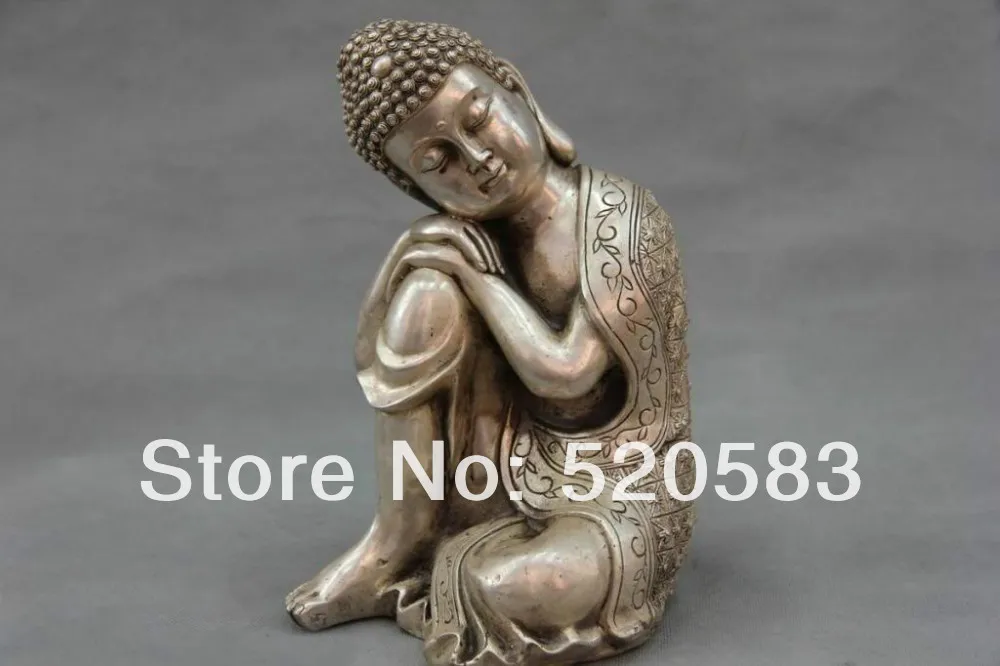 

free 10 Tibet Buddhism White Copper Bronze Silver ponder Rest Sakyamuni Buddha Statue fast