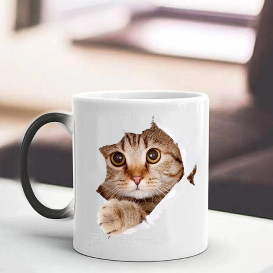 

Free shipping Cute Cat Mug Changing color 350ml Ceramic Coffee Mugs Magic Tea Cup best gift for your friends