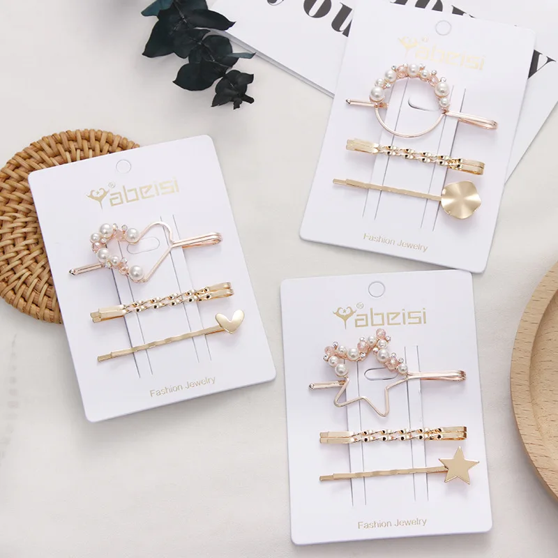 4PCS/Set New Women Elegant Pearl Crystal Heart Star Round Barrettes Headband Sweet Hair Clips Hairpins Fashion Hair Accessories